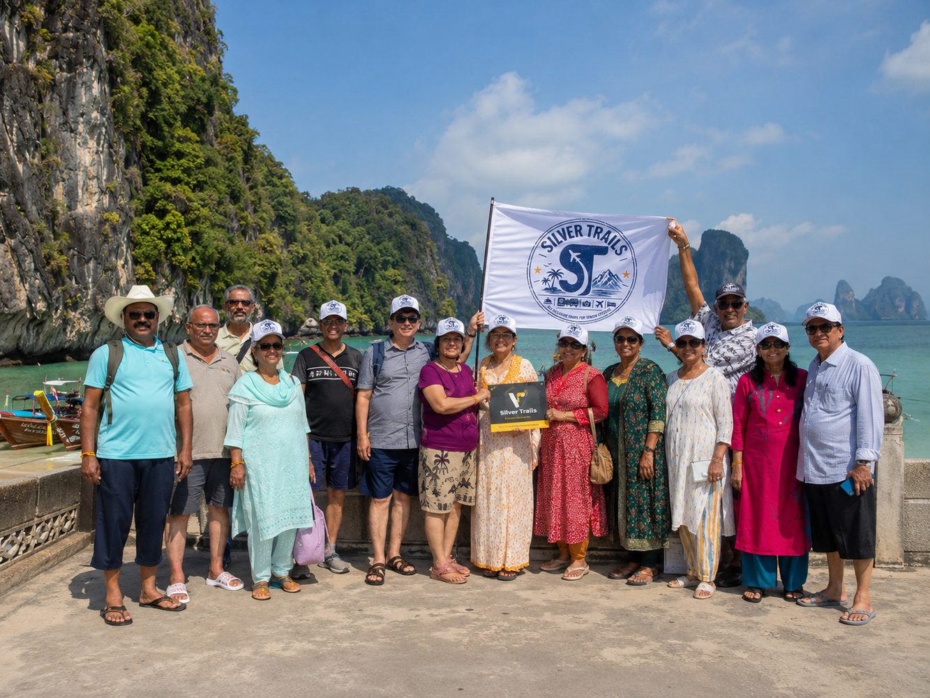 Silver Trails group at a Thailand beach with turquoise waters and limestone cliffs